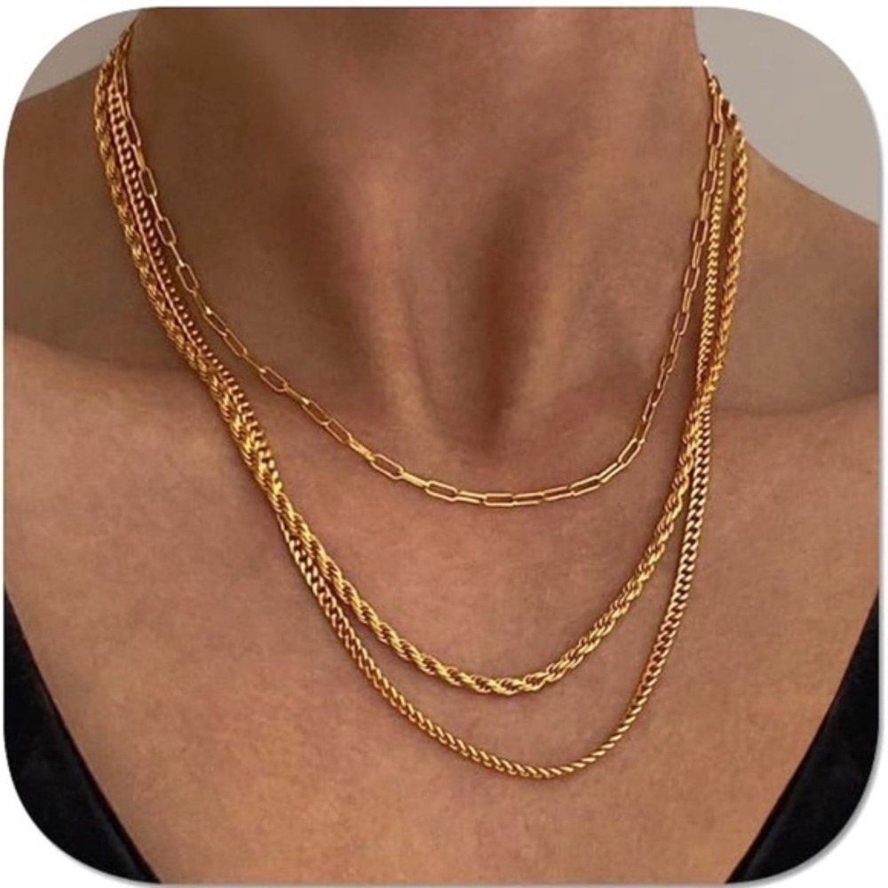 Gold 14k Gold Plated 3pc Rope Chain Necklace Set